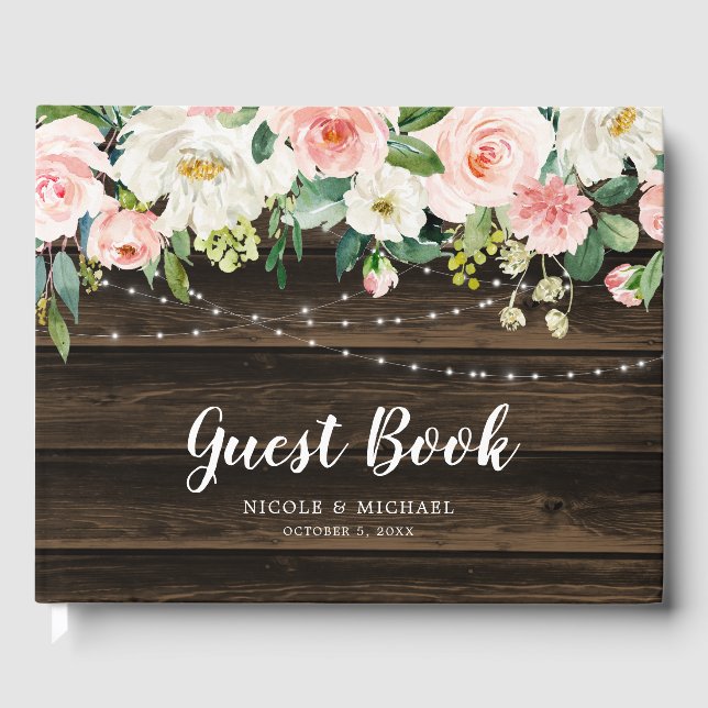 Rustic Pink Floral String Lights Wedding Guest Book (Front)