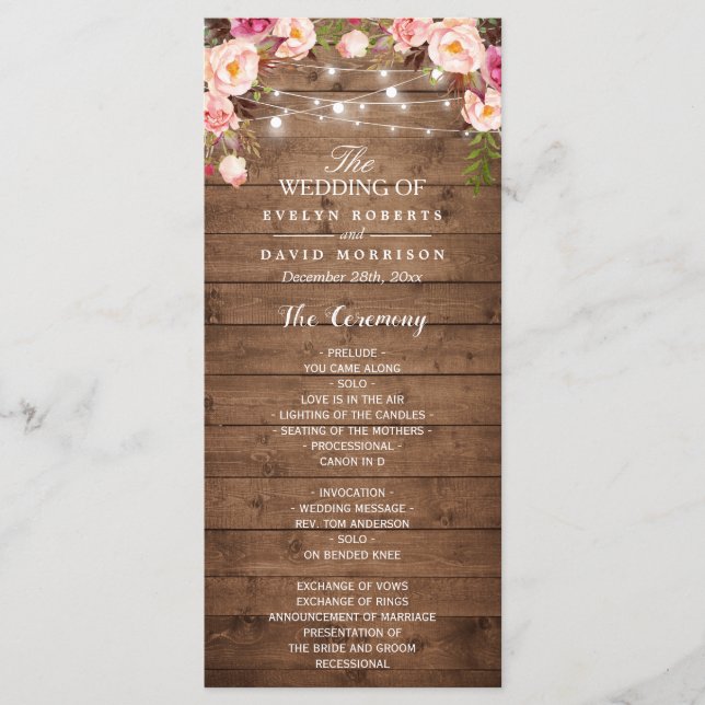 Rustic Pink Floral String Lights Wedding Program Programme (Front)
