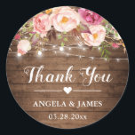 Rustic Pink Floral String Lights Wedding Thank You Classic Round Sticker<br><div class="desc">Customise this "Rustic Pink Floral String Lights Wedding Favour Thank You Sticker" to add a special touch. It's perfect for all occasions. (1) For further customisation, please click the "customise further" link and use our design tool to modify this template. (2) If you need help or matching items, please contact...</div>