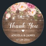 Rustic Pink Floral String Lights Wedding Thank You Classic Round Sticker<br><div class="desc">Customise this "Rustic Pink Floral String Lights Wedding Favour Thank You Sticker" to add a special touch. It's perfect for all occasions. (1) For further customisation, please click the "customise further" link and use our design tool to modify this template. (2) If you need help or matching items, please contact...</div>