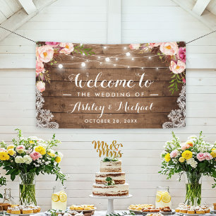 Rustic Pink Floral String Lights Welcome Wedding Banner