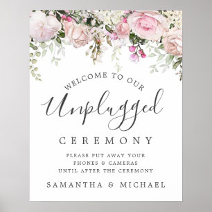 Rustic Pink Floral Unplugged Wedding Ceremony Sign