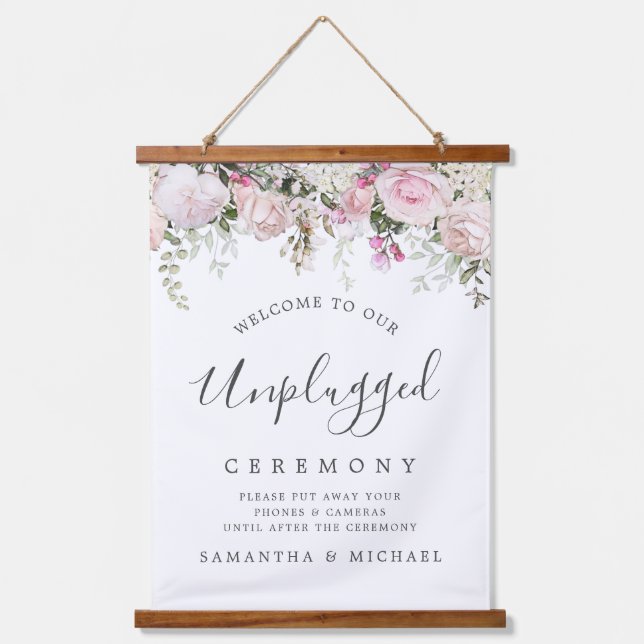Rustic Pink Floral Unplugged Wedding Ceremony Sign Hanging Tapestry (Front)