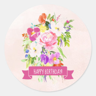 Rustic Pink Floral Watercolor Happy Birthday Classic Round Sticker