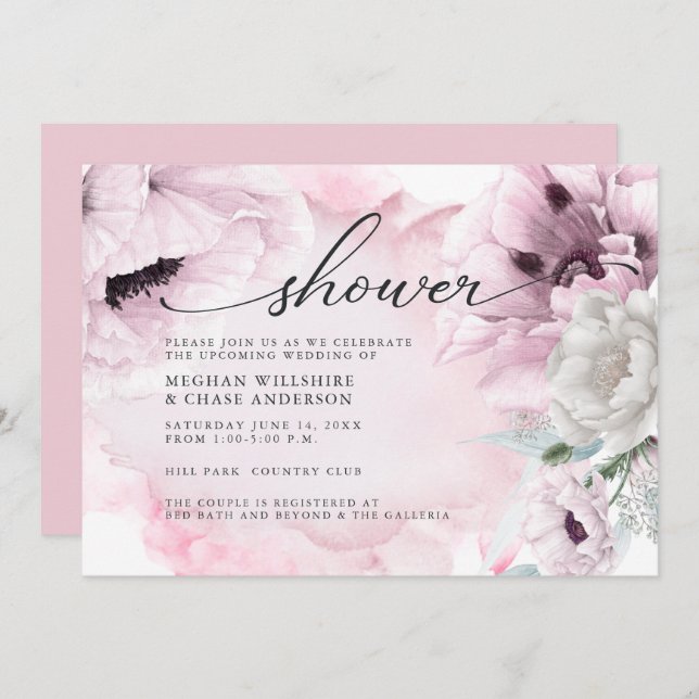 Rustic Pink Floral Watercolor Poppies Invitation (Front/Back)