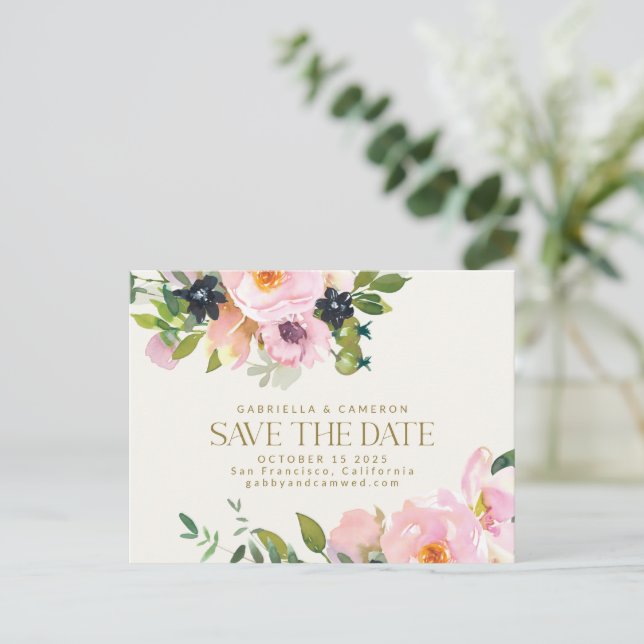 Rustic Pink Floral Watercolor Save the Date  Postcard (Standing Front)