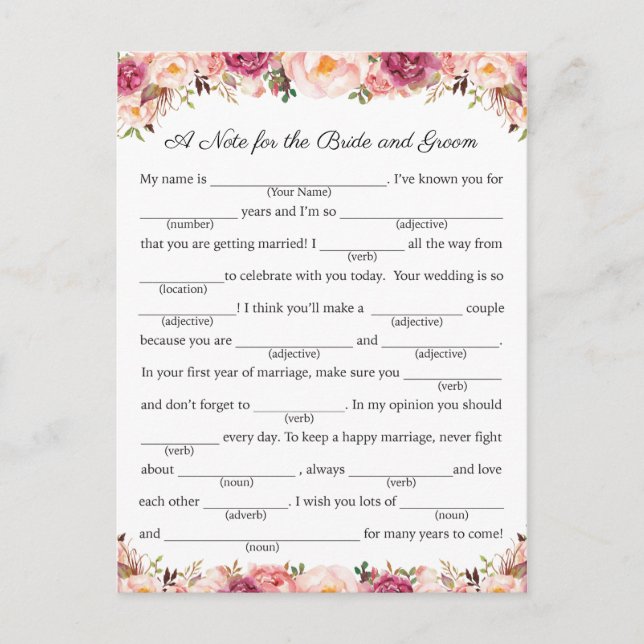Rustic Pink Floral Wedding Advice Cards (Front)