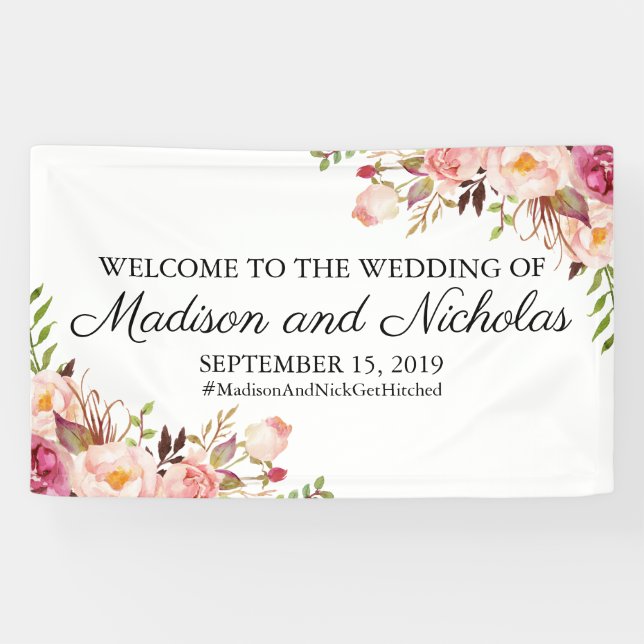 Rustic Pink Floral Wedding Banner Decoration (Horizontal)