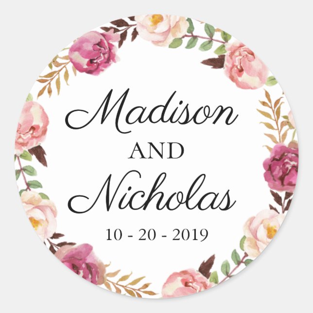 Rustic Pink Floral Wedding Envelope Seal Stickers (Front)