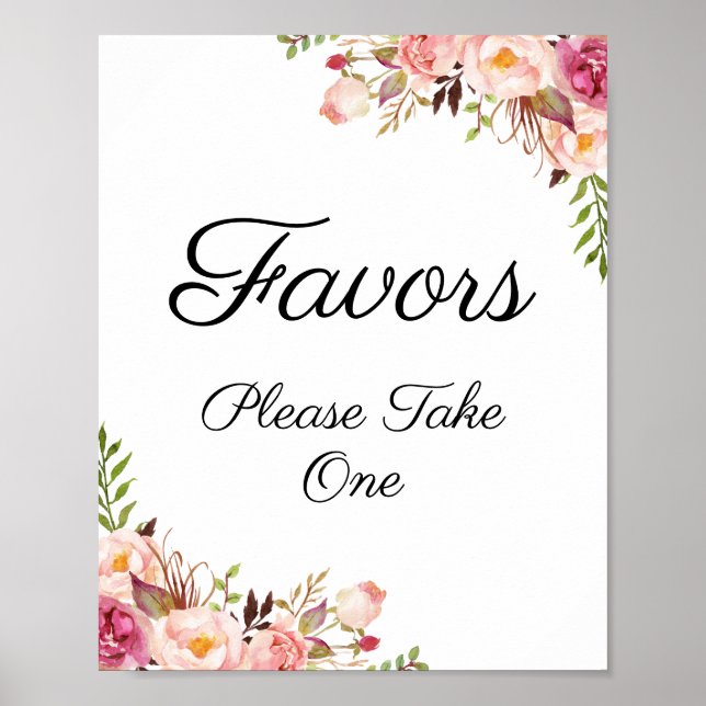 Rustic Pink Floral Wedding Favors Sign (Front)