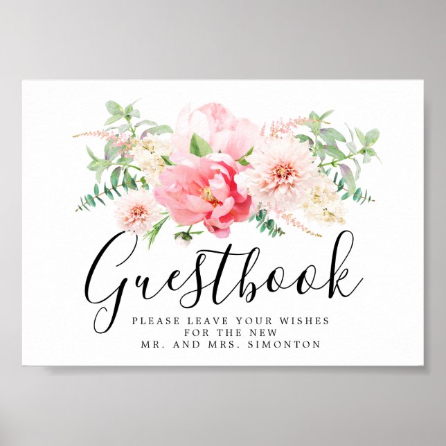 Rustic Pink Floral Wedding Guestbook Sign (Front)