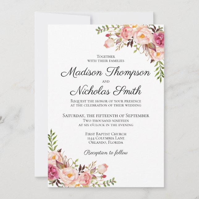 Rustic Pink Floral Wedding Invitation Cards (Front)