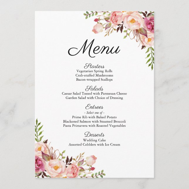 Rustic Pink Floral Wedding Menu Cards (Front)