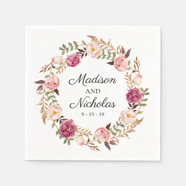 Rustic Pink Floral Wedding Napkins (Front)