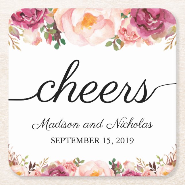 Rustic Pink Floral Wedding Paper Coasters (Front)