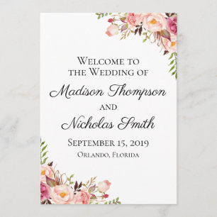 Rustic Pink Floral Wedding Program Cards