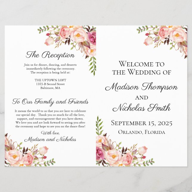Rustic Pink Floral Wedding Programs Flyer (Front)