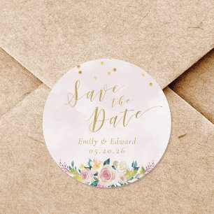 Rustic Pink Floral Wedding Save the Date Classic Round Sticker