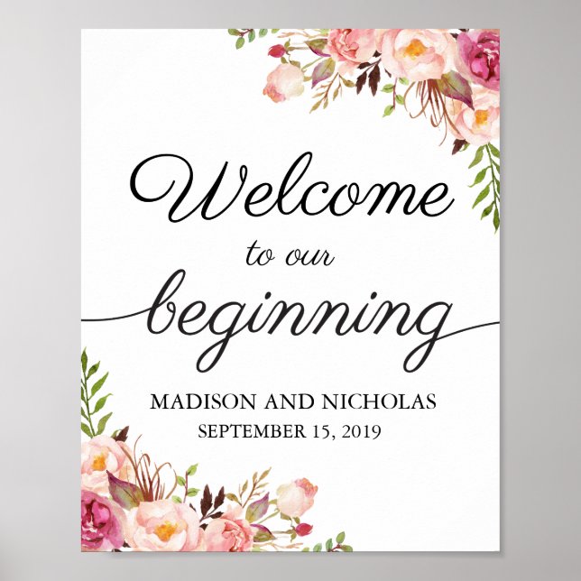 Rustic Pink Floral Welcome to Our Beginning Sign (Front)