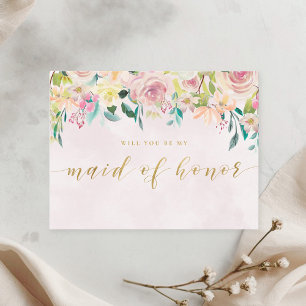 Rustic Pink Floral Will You Be My Maid of Honour Invitation Postcard