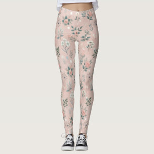 Rustic Pink Floral with White Blooms and Greenery Leggings