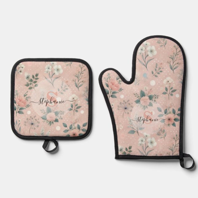 Rustic Pink Floral with White Blooms and Greenery Oven Mitt & Pot Holder Set (Front)