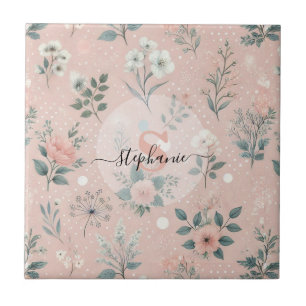Rustic Pink Floral with White Blooms and Greenery Tile
