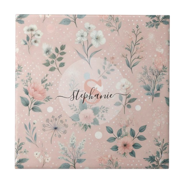 Rustic Pink Floral with White Blooms and Greenery Tile (Front)