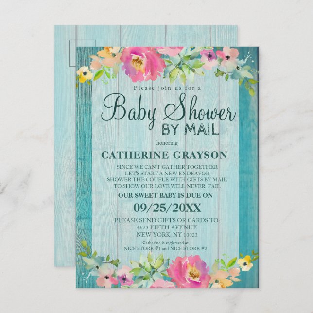 Rustic Pink Floral & Wood Baby Shower Invitation (Front/Back)