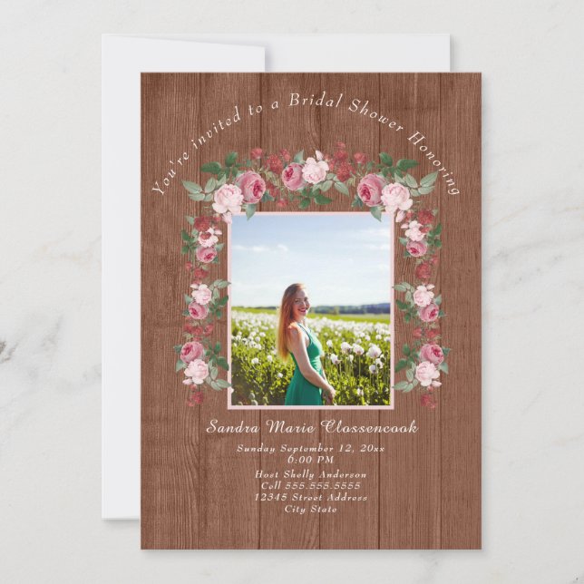 Rustic Pink Floral Wood Wedding Bridal Shower  Inv Invitation (Front)