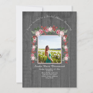 Rustic Pink Floral Wood Wedding Bridal Shower  Inv Invitation