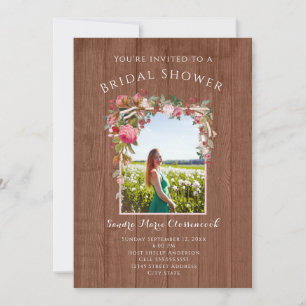 Rustic Pink Floral Wood Wedding Bridal Shower  Invitation