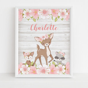 Rustic Pink Floral Woodland Animals Personalised Poster