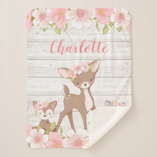 Rustic Pink Floral Woodland Animals Personalised Sherpa Blanket (Front)