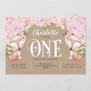 Rustic, Pink Floral, Woodland, Girl 1st Birthday Invitation