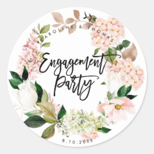 rustic pink floral wreath engagement party sticker