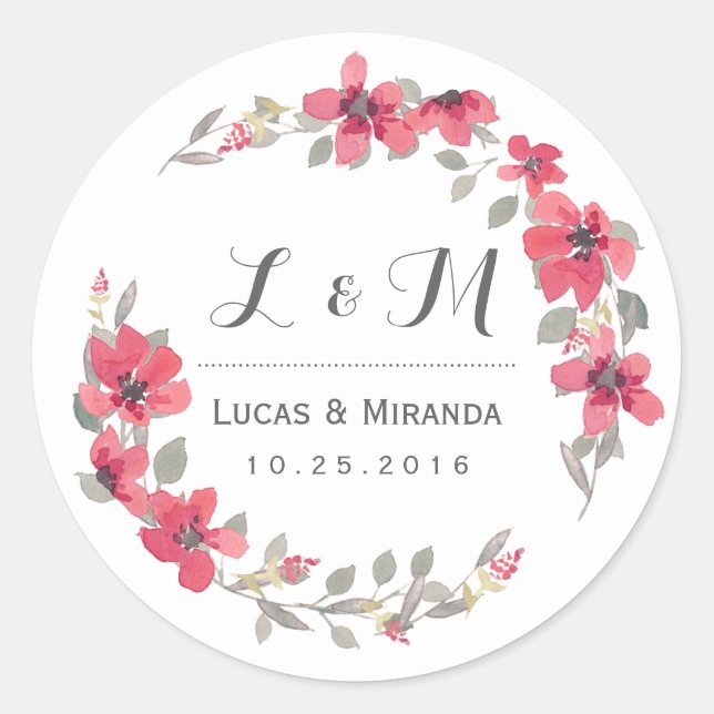 Rustic Pink Floral Wreath Monogram Wedding Sticker (Front)