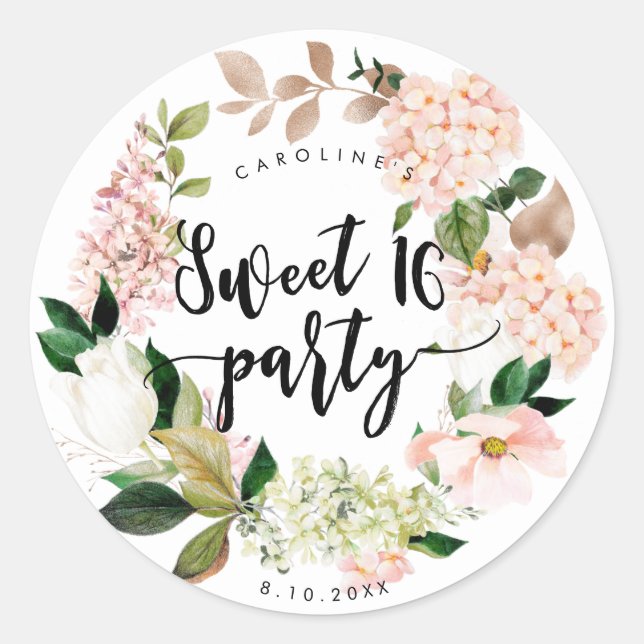 rustic pink floral wreath sweet 16 sticker (Front)