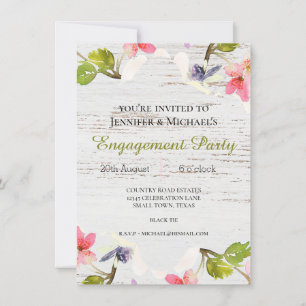 Rustic Pink Florals on White Engagement Invitation