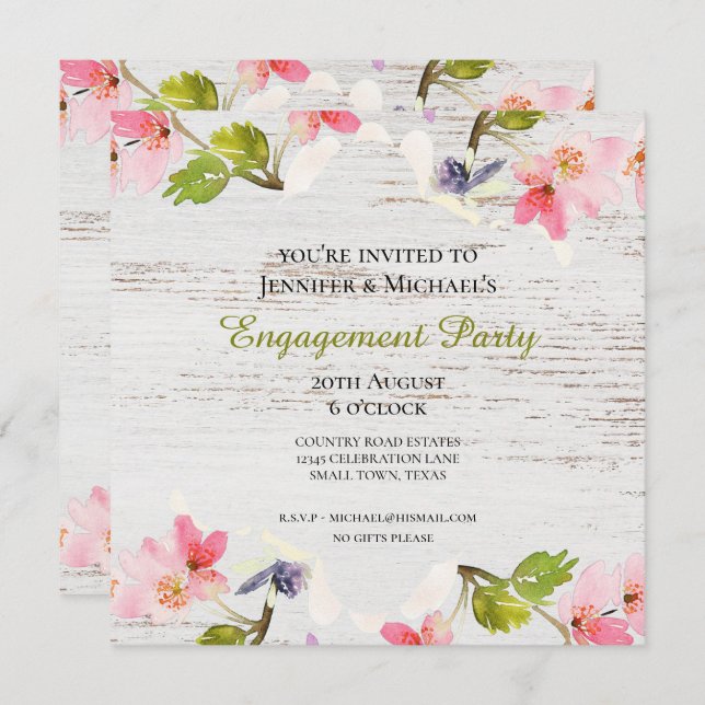 Rustic Pink Florals on White Engagement Invitation (Front/Back)