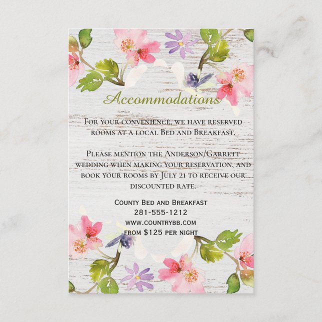 Rustic Pink Florals on White Wood Accommodations Enclosure Card (Front)