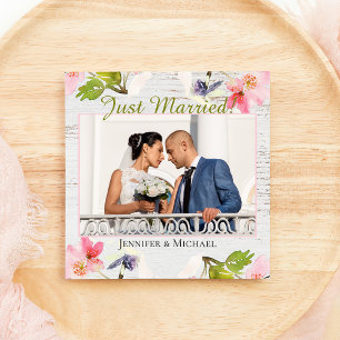 Rustic Pink Florals on White Wood Just Married Holiday Card