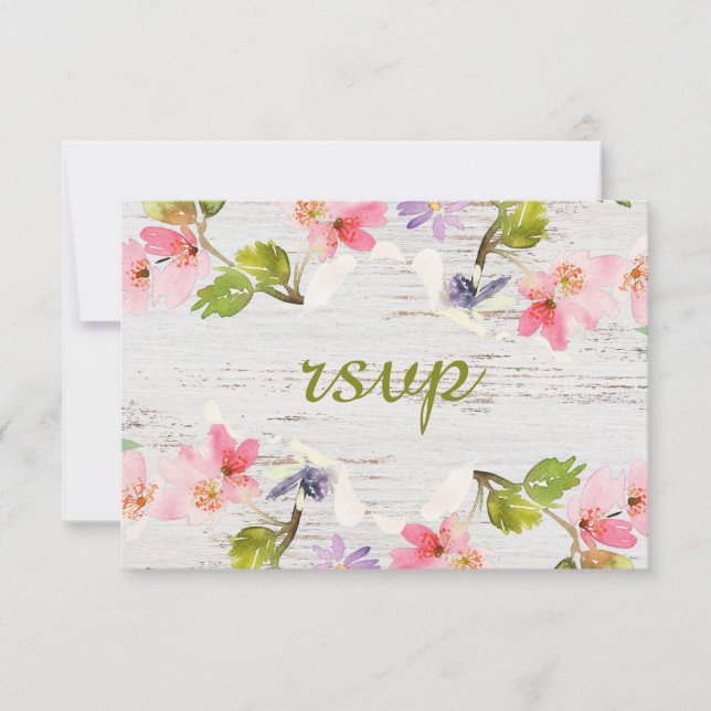 Rustic Pink Florals on White Wood RSVP Card (Front)