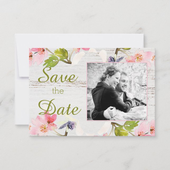 Rustic Pink Florals on White Wood Save The Date (Front)