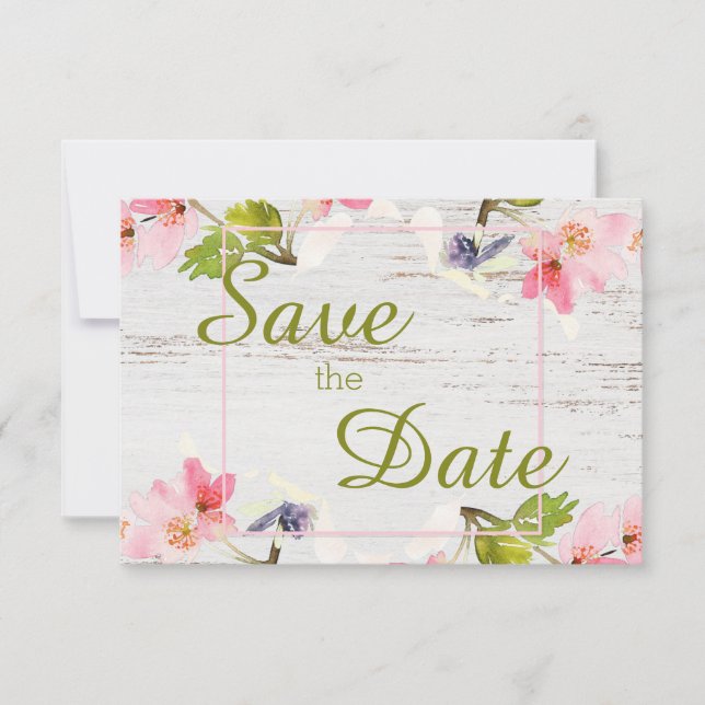 Rustic Pink Florals on White Wood Save The Date (Front)