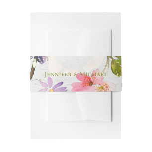 Rustic Pink Florals on White Wood Wedding Invitation Belly Band