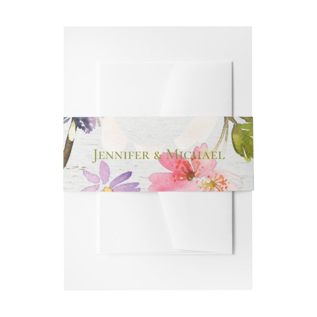 Rustic Pink Florals on White Wood Wedding Invitation Belly Band (Front Example)