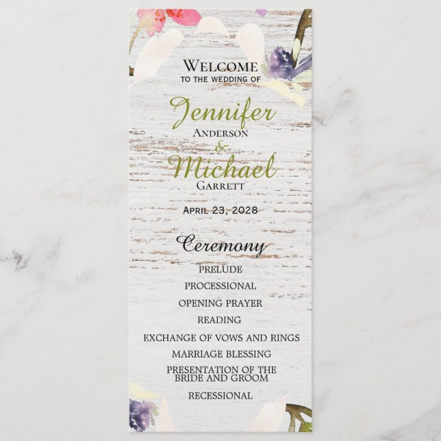 Rustic Pink Florals on White Wood Wedding Programme (Front)