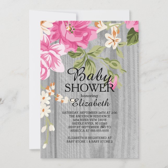 Rustic Pink Flower Wood Baby Shower Invitation (Front)