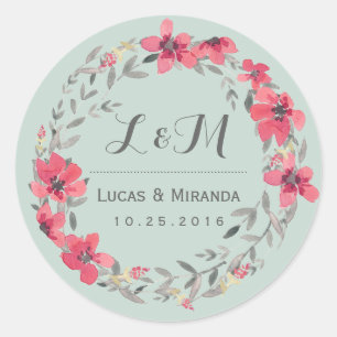 Rustic Pink Flower Wreath Wedding Favour Sticker